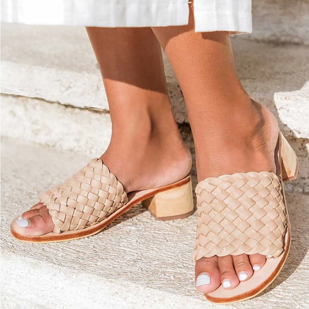 LIBERTE Santorini Leather Woven Block Heeled Mules Women's Size 7